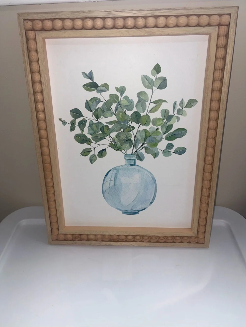 Framed Blue Vase and Green Eucalyptus Wall Art in Natural Wood